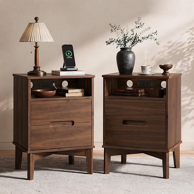 26" Tall Wood Nightstand Set of 2 with Charging Station & USB-C, Mid Century Modern Bedside Table with Solid Wood Legs, Walnut Finish with 2 Drawers