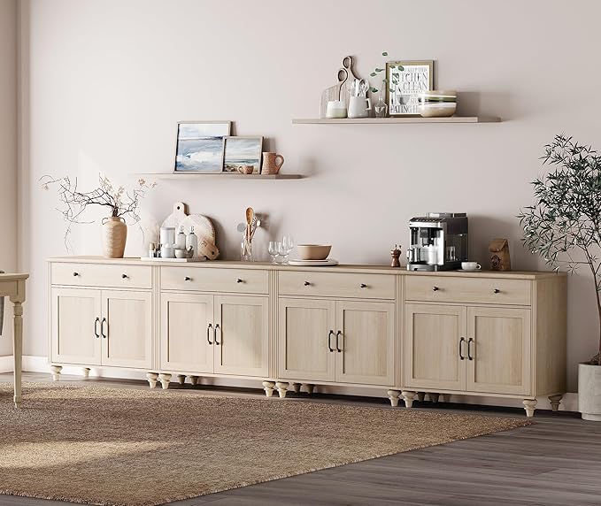 WAMPAT Buffet Cabinet with 8 Doors and 4 Drawers, Large Coffee Bar Table Wood Kitchen Storage Cabinets with Storage, Modern Farmhouse Sideboard Credenza for Dining Room, Beige, 136 inch