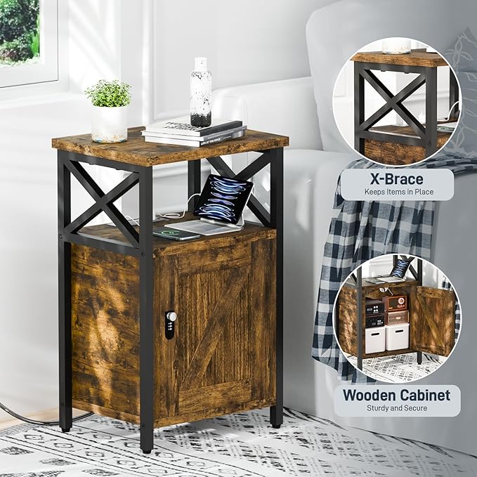runjuly Wooden Nightstand with Lock, Bedside Table with Drawer, Bed Side Table with Charging Station, 3 USB & 2 Outlets, Night Stand with Storage Cabinet, End Table for Bedroom, Brown