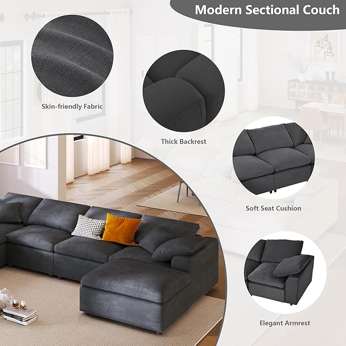 Oversized Modular Sectional Sofa Couch, Large 7 Seater Corner Sofa Modern U Shaped Sectional Couch with Ottoman Cloud Couches for Living Room, Office, Spacious Space, Gray