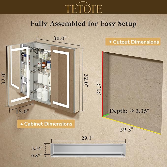 TETOTE 30 x 32 Lighted Medicine Cabinet Mirror for Bathroom with LED Lights, 2 Door Tempered Glass Recessed or Surface Mount Mirrored Cabinet, Outlets & USB, 3-Color Dimming, Defog, Adjustable Shelf