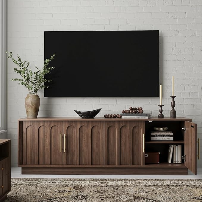 FORTUNETEC TV Stand for 75 Inch TV, Mid Century Modern TV Stand with Arched Design, Wood Grain Finish, Media Console with Adjustable Shelves, 67" Entertainment Center for Living Room Bedroom, Walnut