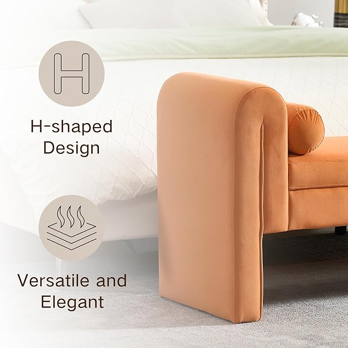 Modern Bench for Bedroom End of Bed, 60.5" Velvet Upholstered Rolled Armed Stool Bench, Sofa Ottoman Long Bench with 2 Pillows for Entryway/Hall/Bedroom/Living Room(Orange-60.5 Inch)