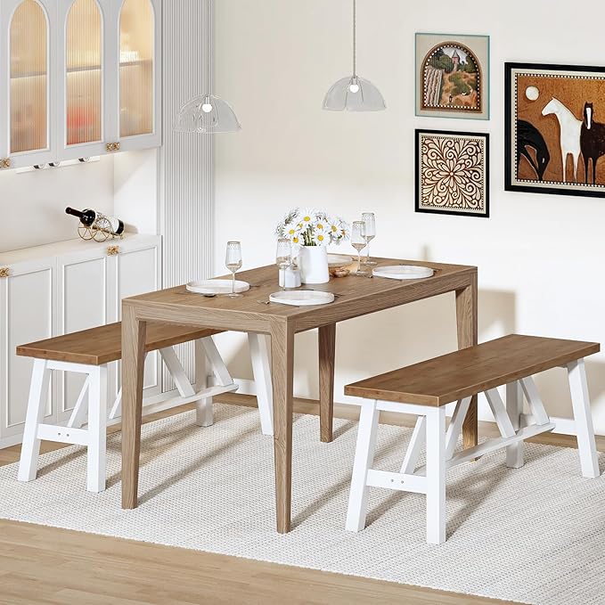 HOOBRO Bamboo Dining Bench, 39.4 inch Farmhouse Kitchen Table Bench, Solid Bamboo Dining Room Bench for Kitchen, Living Room, Bedroom, Hallway, Sturdy and Stable, Walnut and White WH17CD01