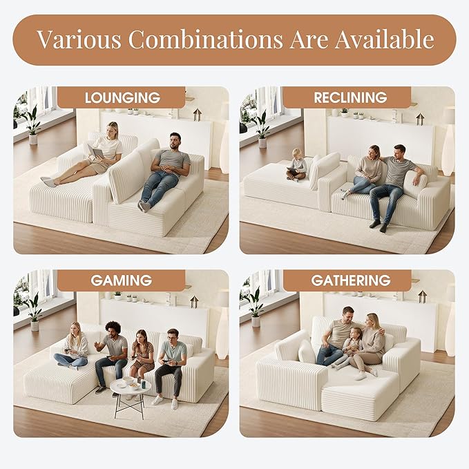 GRUSIGN 107'' Cloud Sectional Boneless Couches for Living Room, Modular L Shaped Couch with Deep Seat Oversized Left Facing Chaise, Memory Foam Compressed Spineless 3 Seater Sofa, Wide-Striped Beige