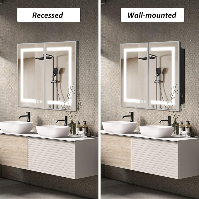 APRILSOUL 40x32 Inch Lighted Bathroom Medicine Cabinet with Mirror, Silver Recessed or Surface Mount Medicine Cabinet Mirror with Storage and LED Lights, 3 Colors Temperature, Dimmable Light