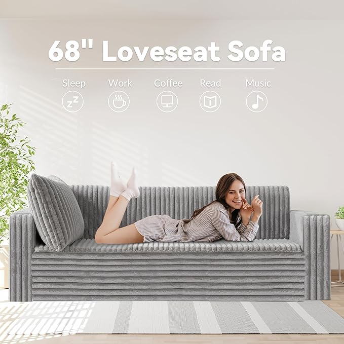 HABUTWAY 68" Loveseat Boneless Couch, 4-in-1 Convertible Sofa Bed, Plush Fur Folding Futon Sofa Bed Couches with 2 Pillows for Living Room, High-Density Foam Support, No Assembly Required, Light Grey
