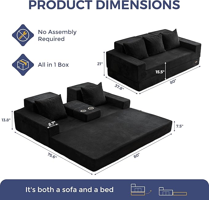 MAXYOYO Convertible Sofa Bed, 80" Oversized Boneless Loveseat Couch 4 in 1 Foldable Floor Sofa Couch in A Box with 2 Cup Holders, Folding Sleeper Chair for Living Room, No Assembly Required, Black