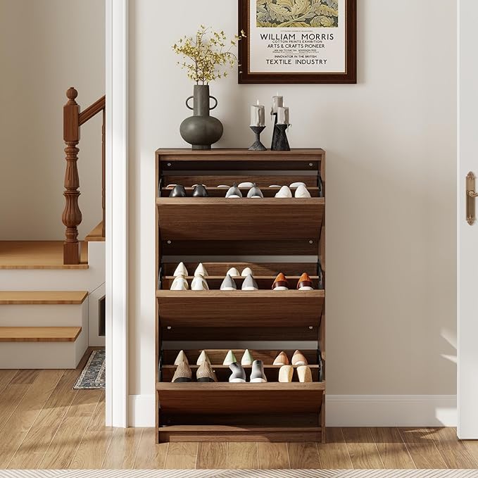 Shoe Cabinet with 3 Flip Drawers, 23.62" W Narrow Shoe Storage Cabinet for Entryway, Slim Shoe Organizer with Adjustable Shelves, Freestanding Shoe Rack for Hallway, Living Room, Walnut