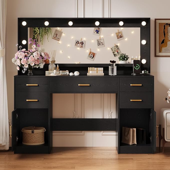 TOKSOM 44.8" Large Vanity Desk with Lighted Mirror & Power Outlet, Black Makeup Vanity Desk with Mirror and Lights, Black Vanity Table with 5 Drawers and 2 Cabinets, Dressing Table for Bedroom