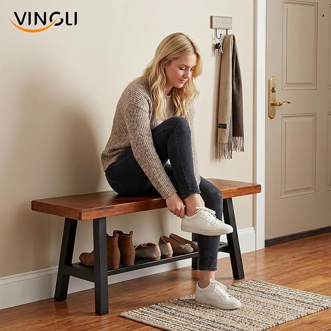 VINGLI 40in Storage Bench, Solid Wood Seat with Metal Storage Shelf, Weather Resistant High Capacity Indoor Outdoor Dining Benches, Sturdy Shoe Rack Bench for Entryway Mudroom Porch