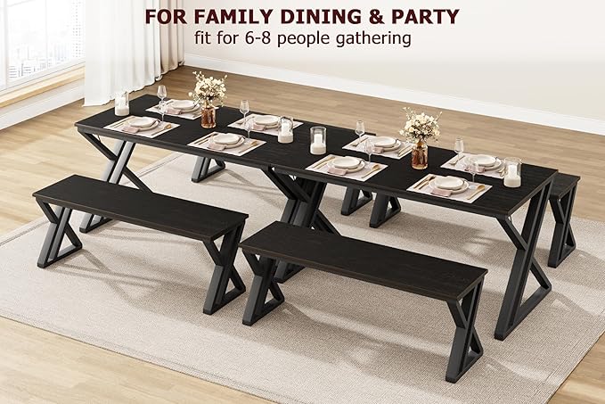 GarveeHome Kitchen Table with 2 Benches, Dining Table Set for 4, Saving Space Dining Room Table Set for Kitchen, Dining Room, Apartment, Sturdy Metal Frame, Black