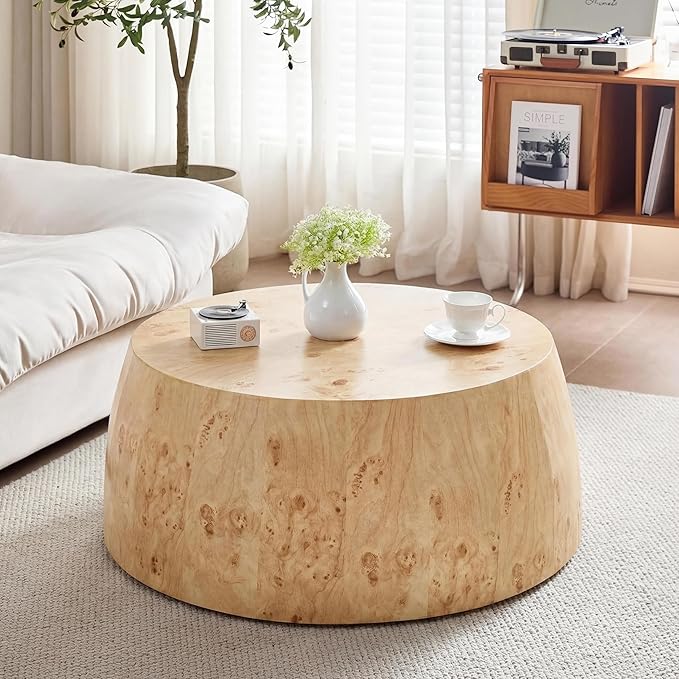 YYQ Upgraded 34.6" Round Coffee Table for Living Room, Burl Faux Marble Pattern Coffee Table, Reversible Drum Coffee Table, Tea Table Wooden Table for Home Office, No Assembly Required