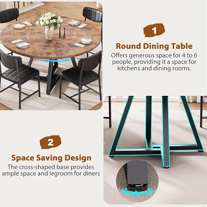 Jocoevol 51" Round Dining Table Kitchen Dining Room Circle Dinner Pedestal Table for 4 6 8, Space Saving Wood Kitchen & Dining Room Furniture (Rustic Brwon)