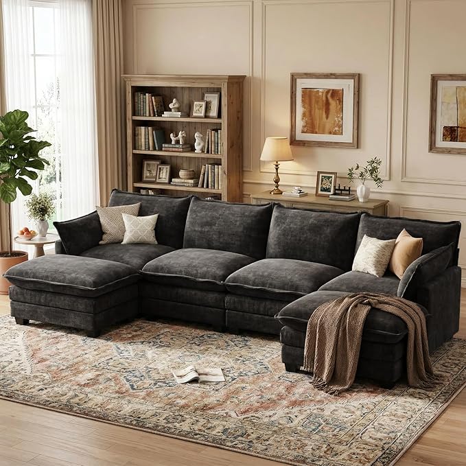 U Shaped Modular Sectional Sofa, Cloud Couch with Movable Ottoman, Comfy Chenille Sofa with Pillows for Living Room, Bedroom, Apartment, Black