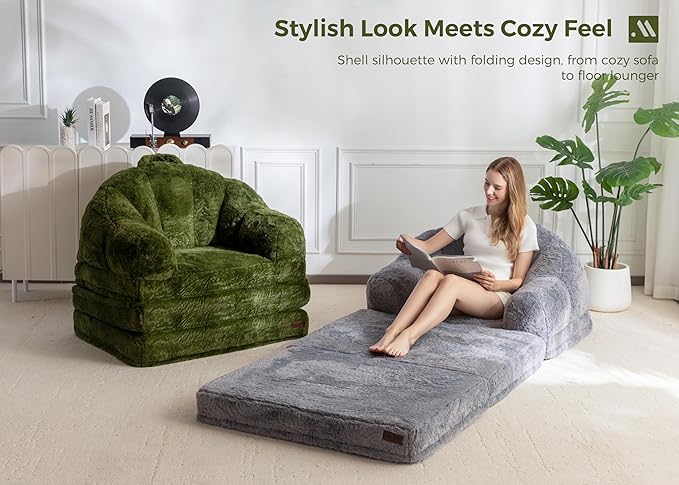 MAXYOYO Folding Sofa Bed, 2 in 1 Convertible Sofa to Lounger Comfy Single Bean Bag Chair for Adults, Floor Sleeper Couch with Handle, Faux Fur Couch Bed for Living Room Bedroom, Green