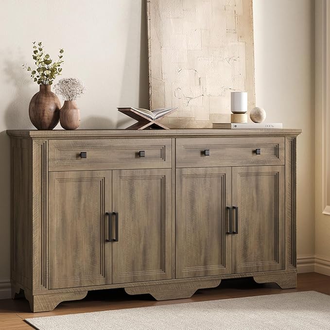 ONBRILL 55" Sideboard Buffet Cabinet, Kitchen Buffet Storage Cabinet, Large Credenza with Drawers & Doors, Wood Coffee Bar Console Wine Bar for Living Room Hallway Washed Brown