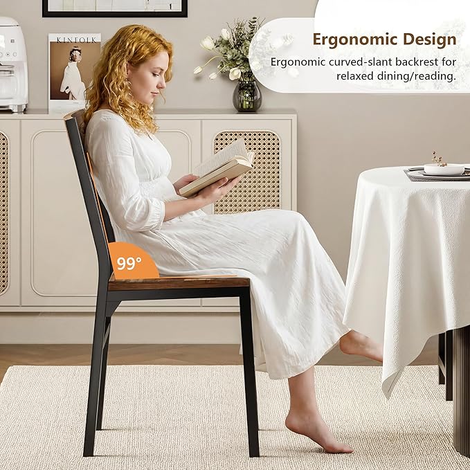 Feonase Dining Chairs and Benches Set of 4, Modern Dining Room Chairs with Ergonomic Backrest, Wood Structure & Metal Legs, for Kitchen, Dining Room, Space-Saving, Easy to Assemble & Clean, Walnut