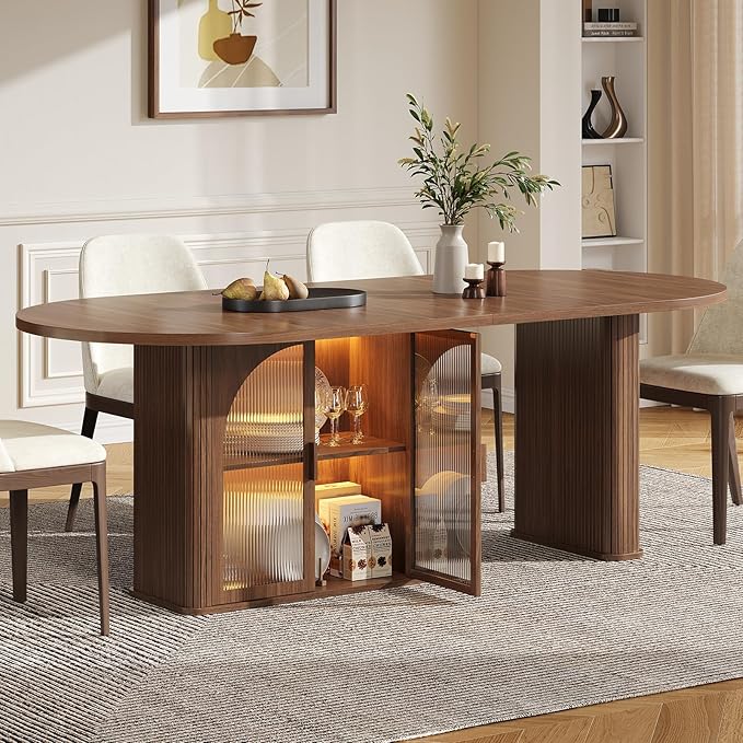 ONBRILL 70 Inch Oval Dining Table for 6-8, Modern Dining Room Table with 2-Tier Storage Space, Wood Kitchen Table with LED Light, Dinner Table with Heavy Duty Legs, Walnut