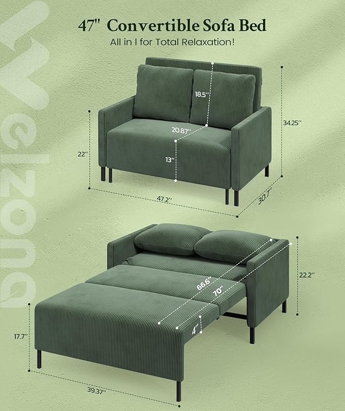 Welzona 47.2" Convertible Sofa Bed Couch, Comfy Corduroy Loveseat Sleeper Sofa, 620lbs Capacity Couch Bed, Easy Setup Love Seat Sleeper Bed with 2 Pillow, Small Couches for Living Room/Office, Green