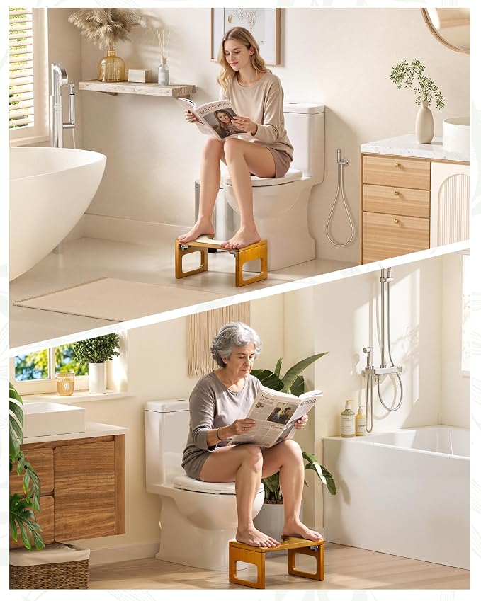 AmazerBath 8.5 Inches Bamboo Toilet Stool Squat for Adult, Foldable Squatting Potty Stool for Bathroom, 0.79" Thickness Poop Stool with Non-Slip Strip, No Assembly Required, Dark Wood Color