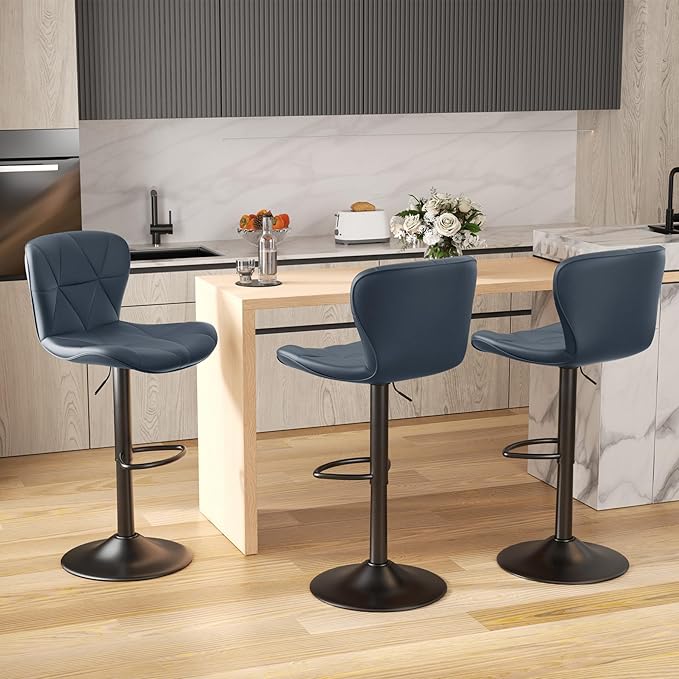 Nalupatio Modern Bar Stools Set of 3, Adjustable Faux Leather Upholstered Swivel Bar Stools, Counter Height Bar Chairs with Back for Kitchen Island, Dark Blue