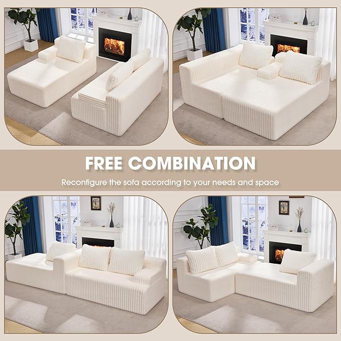 Hobestluk Modular Sectional Sofa Boneless Couch L-Shape Couch 3 Seat Modular Couch Memory Foam Sectional Couches for Living Room Furniture, Cloud Couch Lounge (White Stripe, 98" Left Facing Chaise)