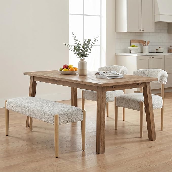 VKNOW Upholstered Dining Room Set for 4, Mid-Century Modern Dining Chairs Set of 2 and Dining Bench with Rubberwood Legs, for Dining Room, Living Room, Kitchen, Heathered Off-White