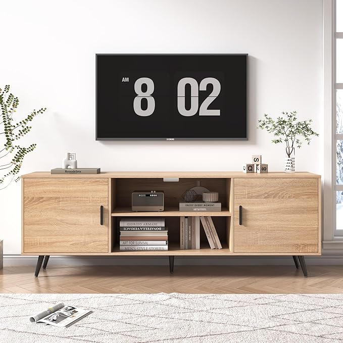 Mid Century Modern TV Stand - 70" for 75" TV, Wood with Storage, Entertainment Center for Living Room & Bedroom, Media Console, Oak