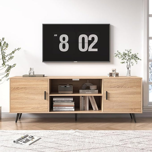 Mid Century Modern TV Stand - 70" for 75" TV, Wood with Storage, Entertainment Center for Living Room & Bedroom, Media Console, Oak