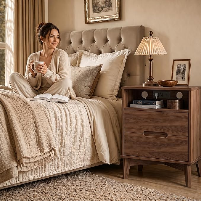 26" Tall Wood Nightstand Set of 2 with Charging Station & USB-C, Mid Century Modern Bedside Table with Solid Wood Legs, Walnut Finish with 2 Drawers