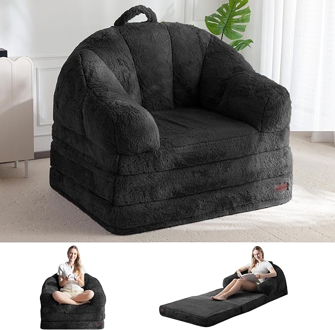MAXYOYO Folding Sofa Bed, 2 in 1 Convertible Sofa to Lounger Comfy Single Bean Bag Chair for Adults, Floor Sleeper Couch with Handle, Faux Fur Couch Bed for Living Room Bedroom, Black