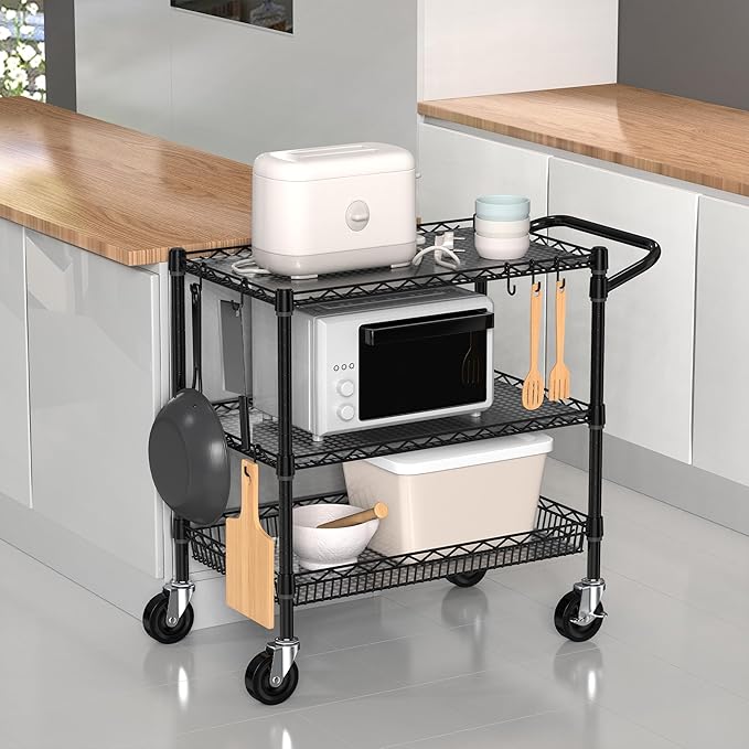 Folews Heavy Duty Rolling Cart with Wheels, 3 Tier Commercial Grade Utility Cart, Metal Storage Organizer Trolley with Handle Bar & Shelf Liner for Pantry, Laundry Room & Household Supplies, Black