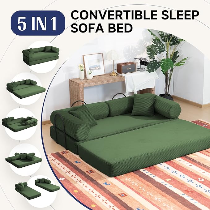 79" Boneless Couches for Living Room, Corduroy Sofa Bed with 2 Pillows,Side Pockets,Hex Arm, 5-in-1 Loveseat Sleeper Sofa for Small Spaces, High-Density Foam Couch, No Assembly, Olive Green
