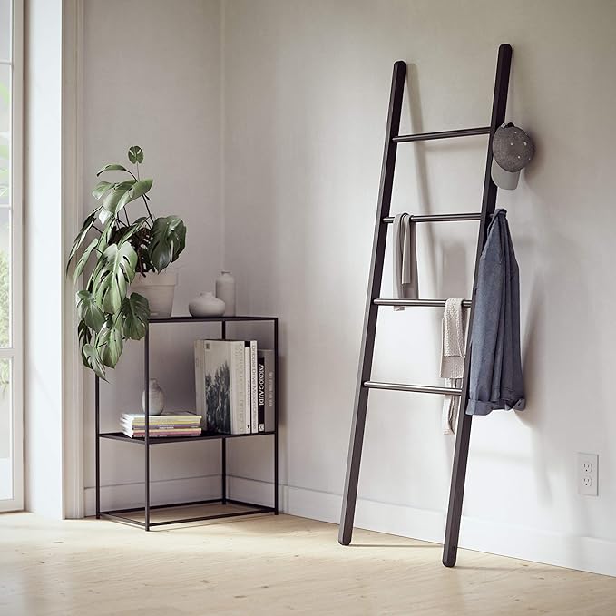 Umbra Leana Decorative Ladder, Expandable Blanket Rack, Bathroom Towel Holder, and Clothes Organizer, Regular, Black