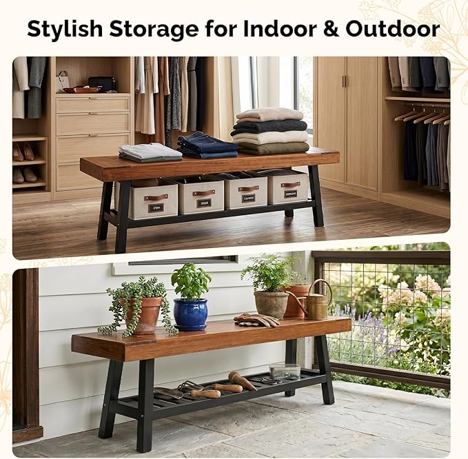VINGLI 63in Storage Bench, Solid Wood Seat with Iron Storage Shelf, Weather Resistant High Capacity Indoor Outdoor Dining Benches, Sturdy Shoe Rack Bench for Entryway Mudroom Porch