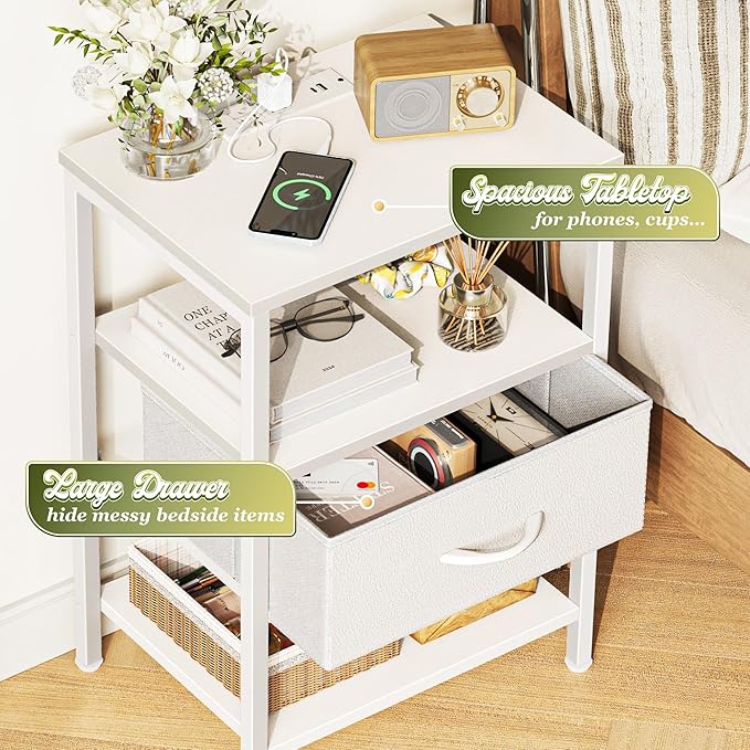 SUPERJARE Nightstand with Charging Station, Bed Side Table with Adjustable Fabric Drawer, Night Stand for Bedroom, 3-Tier Storage End Table, for Living Room, White