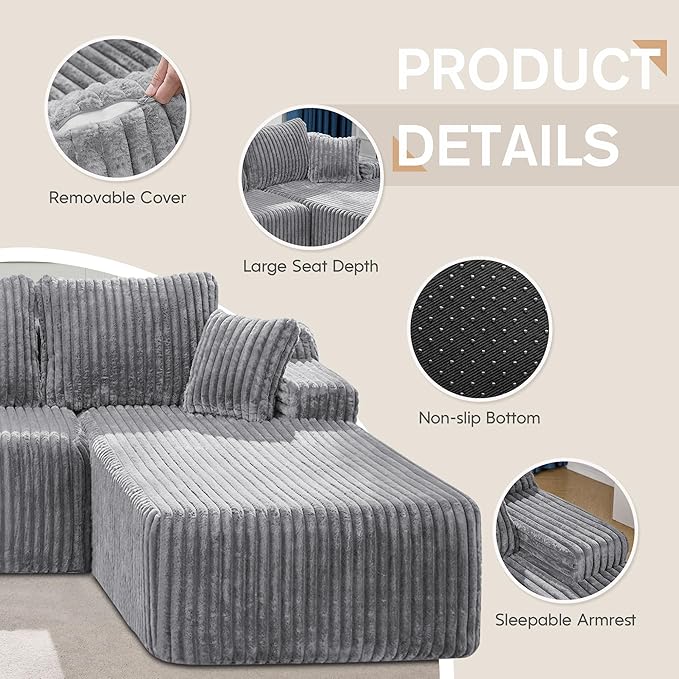 Hobestluk Modular Sectional Sofa Boneless Couch L-Shape Couch 3 Seat Modular Couch Memory Foam Sectional Couches for Living Room Furniture, Cloud Couch with Oversized Chaise (108" Right Facing Chaise)