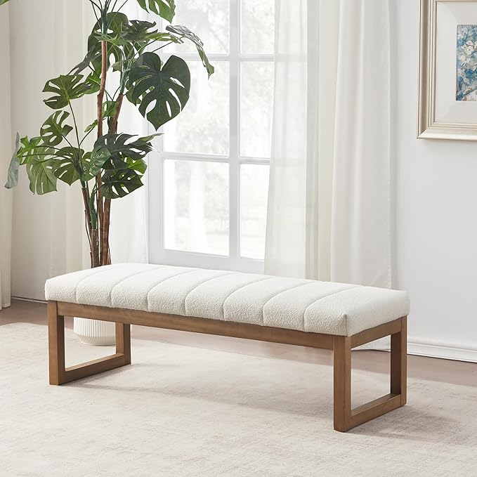 Zihanhome 52.7" Bedroom Bench for End of Bed, Modern Upholstered Teddy Fabric Entryway Bench & Dining Bench, Footrest Stool Bench with Solid Wood Frame for Bedroom, Living Room (Beige)