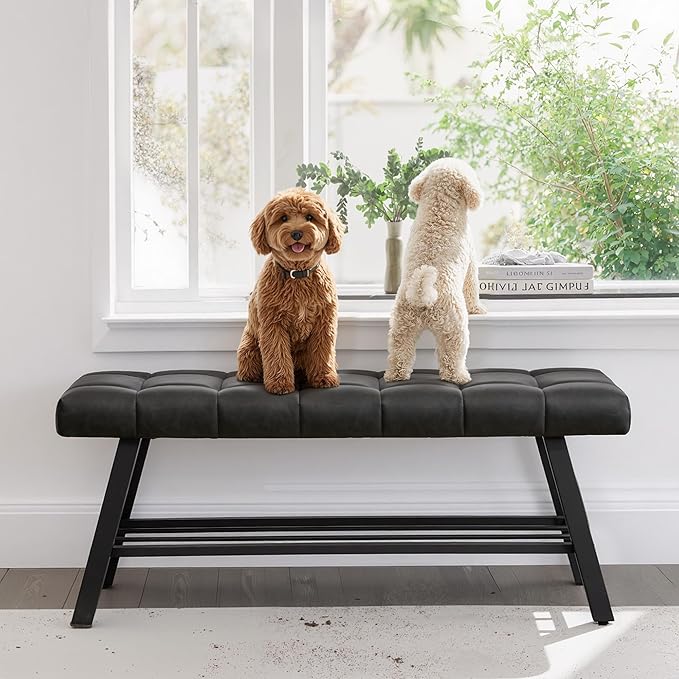 LUE BONA 45" Entryway Bench with Storage Shelf, End of Bed Bench with Tufted Faux Leather Seat, Bedroom Bench with Metal Frame, 330 LBS Capacity for Entryway, Living Room, Hallway, Black