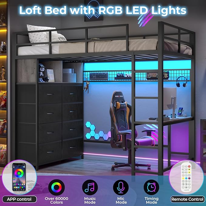 BTHFST Twin Loft Bed with Desk & 8 Storage Drawers Tall Dresser, Black Metal Loft Bed with LED Lights & Charging Station, 2-Tier Storage Shelves, Stable & Sturdy, Noise Free, Space Saving, Grey