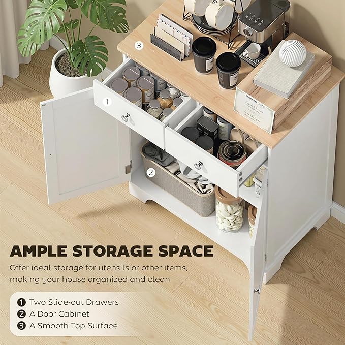 HOMCOM Sideboard Buffet Cabinet with Solid Wood Countertop, Modern Kitchen Storage Cabinet, Coffee Bar Cabinet with 2 Drawers, Doors and Adjustable Shelf, White
