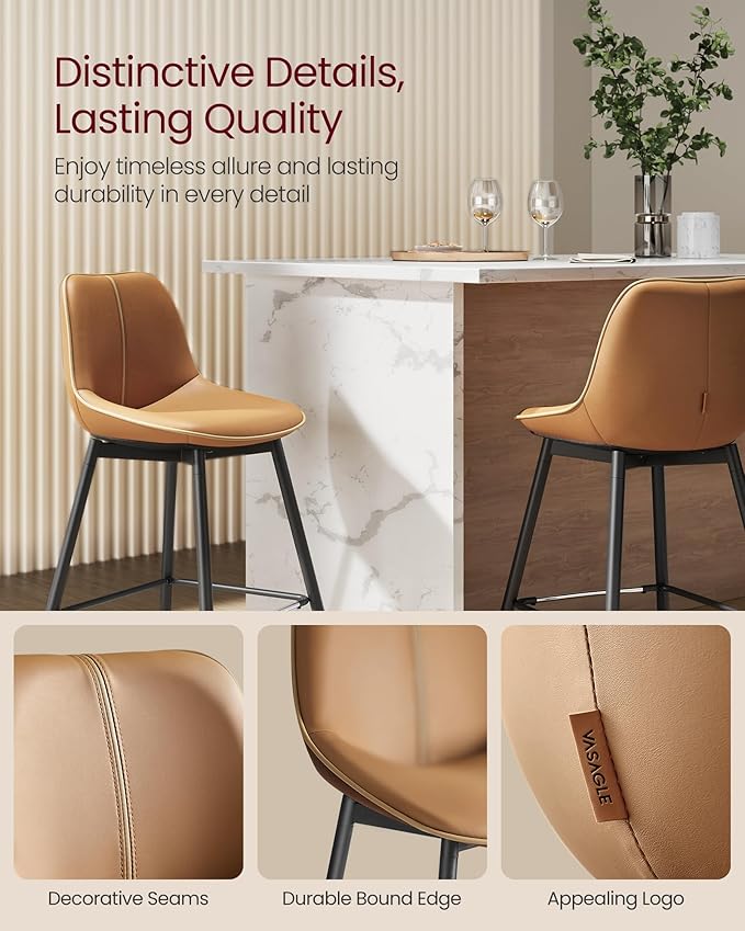 VASAGLE Bar Stools Set of 4, Bar Height Bar Stools with Back, Ergonomic Backrest, Synthetic Leather, Metal Legs, 28.5-Inch Tall Barstools for Kitchen Island Home Bar, Easy Assembly, Caramel Brown