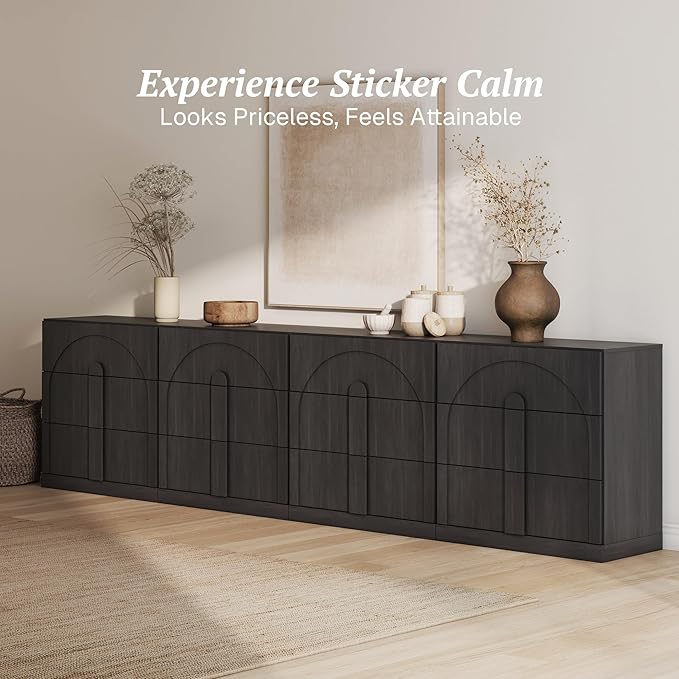 BELLEZE Sideboard Cabinet with 3 Drawers, Set of 4 Modern Wood Buffet Cabinet with Arc Design, Large Fluted Sideboard with Storage for Dining Room Living Room Entryway, Ebony