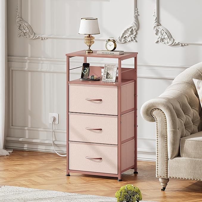 WLIVE Nightstand with Charging Station, 31.9" H Nightstand with 3 Fabric Drawers, LED Bedside Table with USB Ports and Outlets, End Table for Dorm, Bedroom, Entryway, Pink