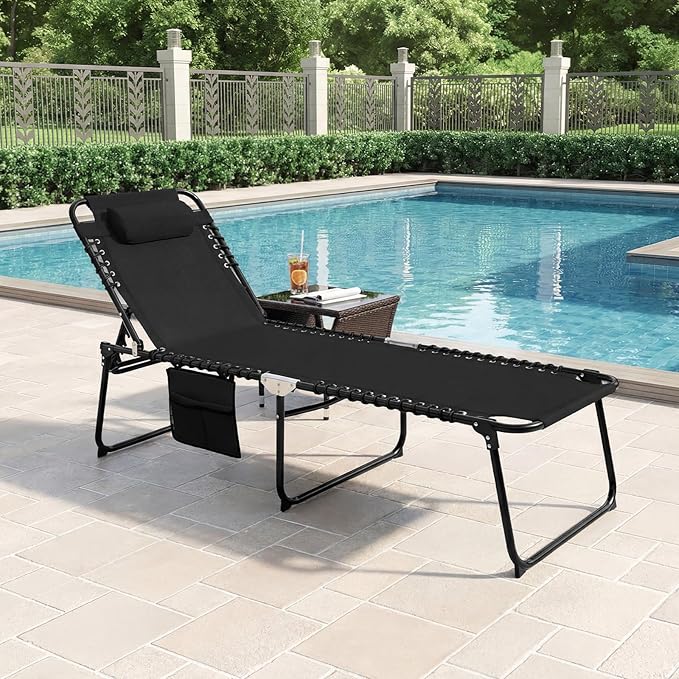 GYMAX Lounge Chairs for Outside, Extra High Folding Beach Tanning Lounger with Adjustable Backrest, Footrest & Removable Pillow, Sunbath Lounge for Patio, Lawn, Poolside (1, Black with Side Pocket)