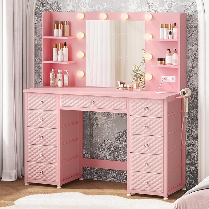HAUOMS Pink Vanity with Lights and Mirror, 11 Drawer Makeup Vanity with Power Strip, 6 Open Shelves, 43.3” Vanity Desk with Storage, Dressing Table with 3 Color Modes for Bedroom, Women, Girls (Pink)