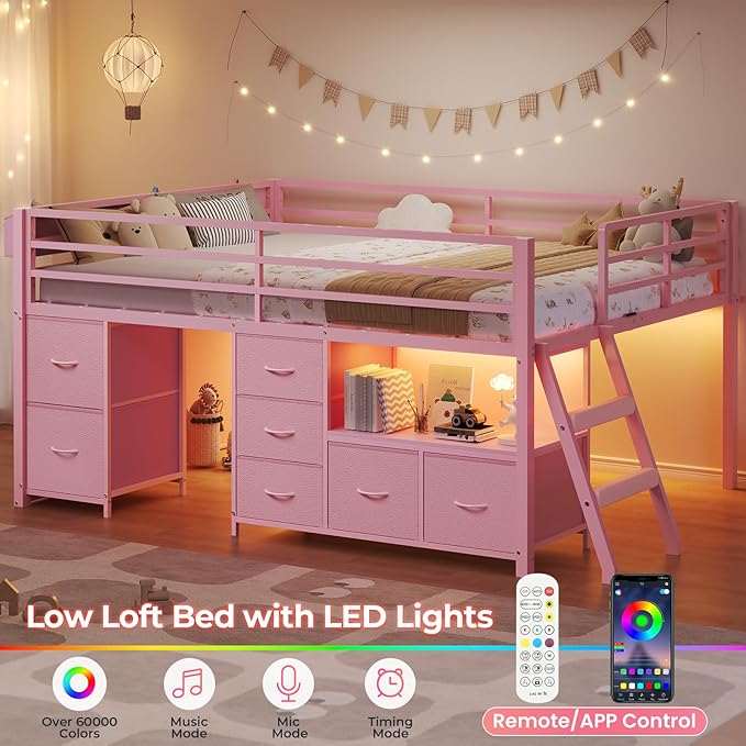 ADORNEVE Low Loft Bed Full Size with 7 Storage Drawers, Bookcase and LED Lights, Metal Kids Loft Bed with 14" H Safety Guardrail,Inclined Ladder and Play Curtain, Under-Bed Play Space, Pink