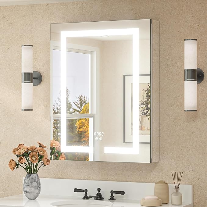 TETOTE 24 x 30 LED Lighted Medicine Cabinet with Lights & Outlets & USB, Recessed or Surface Mount Medicine Cabinet Mirror for Bathroom with Storage, Tempered Glass, 3-Color Dimming, Adjustable Shelf