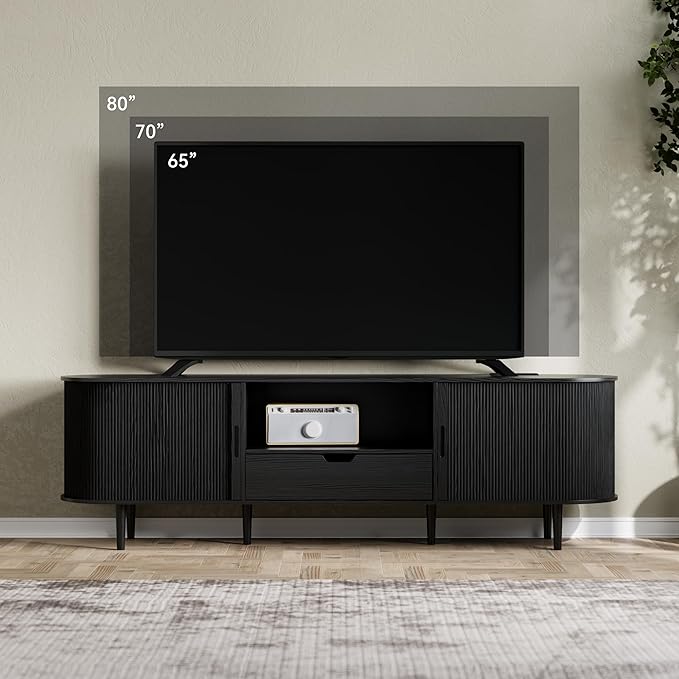 DHH 71" Fluted TV Stand with Power Outlet for TVs up to 80", TV Console with Adjustable Shelves and Sliding Door,Mid Century Modern Entertainment Center for Living Room,Bedroom (Black, 71Inch)